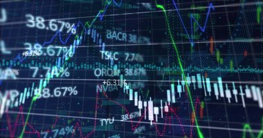 Finansal veri işleme görüntüsü mavi arka plandaki borsada. Küresel teknoloji, finans ve dijital arayüz kavramı dijital olarak oluşturulmuş görüntü.