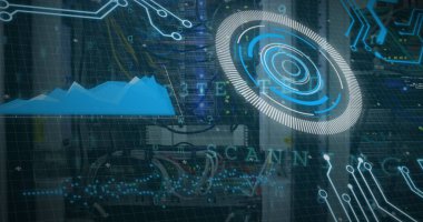 Kara arka planda borsada tarama ve veri işleme görüntüsü. Dijital arayüz teknolojisi ve ağ konsepti dijital olarak oluşturuldu.