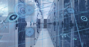 Sunucu odasında veri işleme resmi. küresel iş ve dijital arayüz kavramı dijital olarak oluşturulmuş görüntü.