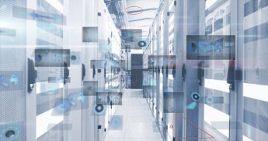 Sunucu odasında veri işleme resmi. küresel iş ve dijital arayüz kavramı dijital olarak oluşturulmuş görüntü.