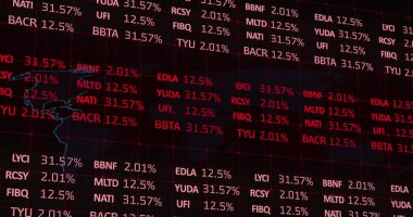 Kara fon üzerinde dünya haritası üzerinde borsa görüntüsü. küresel finansmanlar, veri işleme ve dijital arayüz kavramı dijital olarak oluşturulmuş görüntü.