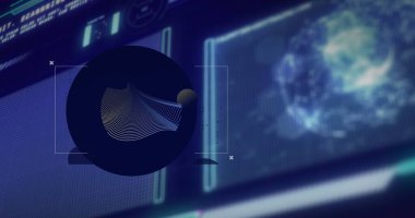 Siyah arkaplanda veri işleme üzerindeki şekillerin resmi. Küresel teknoloji, bilgisayar ve dijital arayüz kavramı dijital olarak oluşturulmuş görüntü.