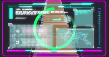 Çemberi harita, veri tabanı ve karton kutuların üzerindeki ses dalgaları taşıma bandı ile yükleme çemberinin birleşimi. Çoklu pozlama, ambalaj, bilgi, dağıtım, üretim ve teknoloji kavramı.