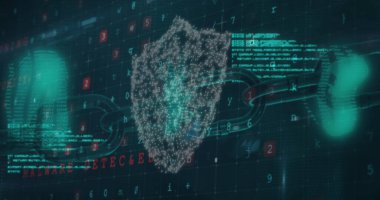 Kalkanları, blokajları, numaraları, harfleri ve veritabanlarıyla dijital olarak oluşturulmuş kilit görüntüsü. Koruma, şifreleme, güvenlik duvarı, kripto para birimi, teknoloji, veritabanı ve veri güvenliği kavramı.