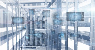 Sunucu odasında veri işleme resmi. küresel iş ve dijital arayüz kavramı dijital olarak oluşturulmuş görüntü.