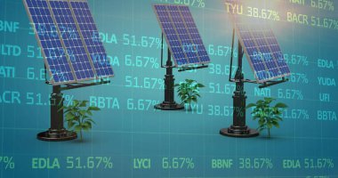Borsa verilerinin üç güneş paneli boyunca işlenmesi ve bitki örneklemesi. Küresel ekonomi ve güneş enerjisi teknolojisi kavramı