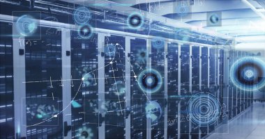 Sunucu odasında veri işleme resmi. küresel iş ve dijital arayüz kavramı dijital olarak oluşturulmuş görüntü.
