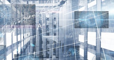 Sunucu odasında veri işleme resmi. küresel iş ve dijital arayüz kavramı dijital olarak oluşturulmuş görüntü.