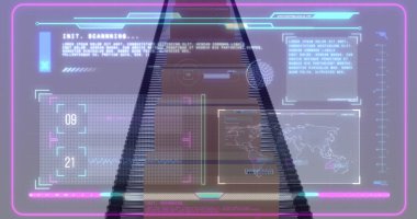 Haritanın bileşimi, ses frekansı dalgaları, dünya ve veri tabanı taşıyıcı banttaki kutuların üzerinde. Çoklu pozlama, ambalaj, küreselleşme, dağıtım, üretim ve teknoloji kavramı.