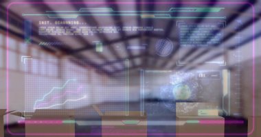 Boş deponun üzerinde programlama dili, dünya ve çok renkli grafiklerin birleşimi. Çoklu pozlama, nakliye, rapor, finans, makine öğrenme, veritabanı ve teknoloji kavramı.