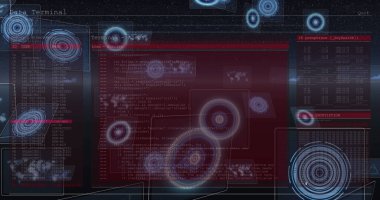 Bilgi ekranından aydınlatılmış dairelerin ve veritabanının yansıması. Dijital olarak üretilmiş, hologram, kodlama, programlama dili ve teknoloji kavramı,