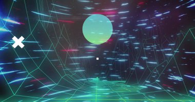 3D dağların ve güneşin çok renkli desenlerin üzerindeki görüntüsü. Dijital olarak üretilmiş, hologram, aydınlatma, manzara. Parlak ve doğa kavramı.