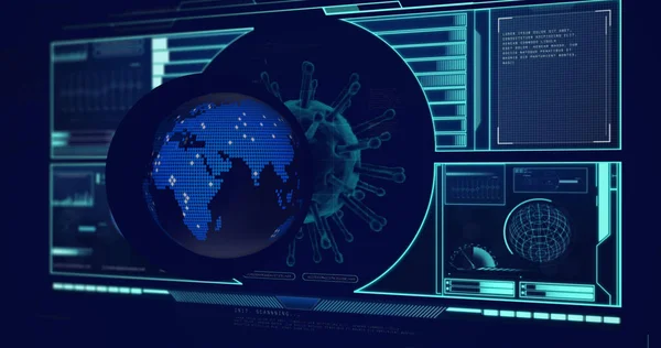 Image of globe over data processing with virus cell on black background. Global technology, computing and digital interface concept digitally generated image.