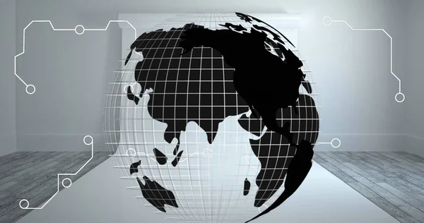 Kompozyt Globu Cyfrowego Siatką Układem Scalonym Wzorem Białej Ścianie Pustym — Zdjęcie stockowe