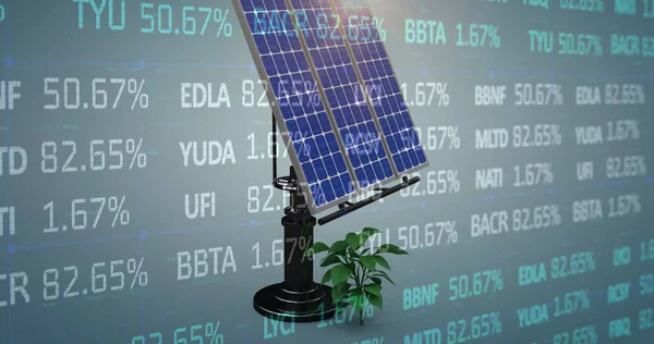 Image of stock market data processing over solar panel and plant sampling on blue background. Global economy and solar energy technology concept