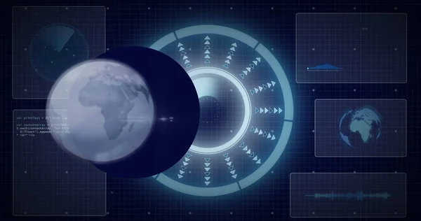 Image of globe over data processing with scope scanning on black background. Global technology, computing and digital interface concept digitally generated image.