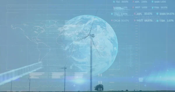 世界中の株式市場のデータ処理のイメージと青い空に対して回転する風車 再生可能エネルギーとビジネス技術の概念 — ストック写真