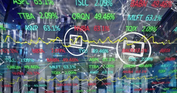 Image of network of connections with icons and stock market over cityscape. Global business, finances and digital interface concept digitally generated image.