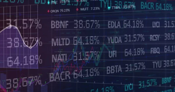 Digital image of statistical and stock market data processing against blue background. Global economy and business technology concept