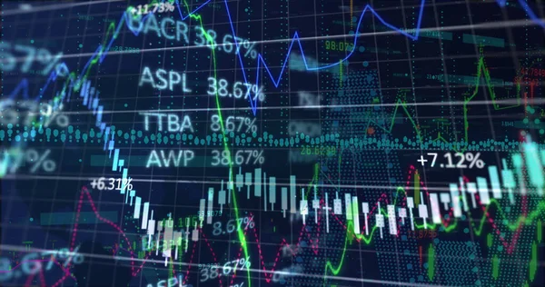 青色を背景とした株式市場における財務データ処理のイメージ グローバル技術 デジタルインターフェースの概念デジタル生成された画像 — ストック写真