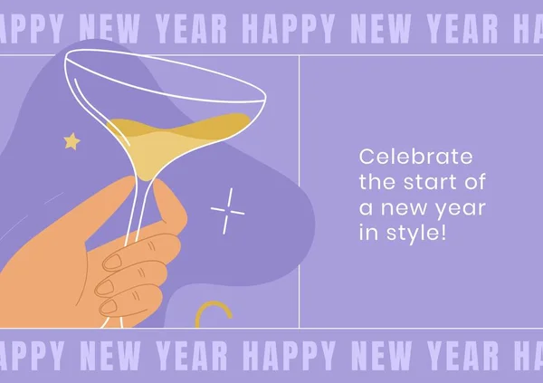 Image Happy New Year Hand Glass Champagne Violet Background New — Stock Photo, Image