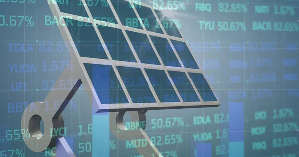 Image of stock market and statistical data processing over solar panel against blue background. Global economy and solar energy technology concept