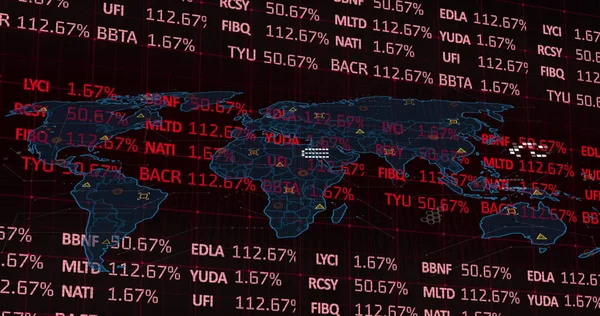 Image of stock market over world map on black background. global finances, data processing and digital interface concept digitally generated image.