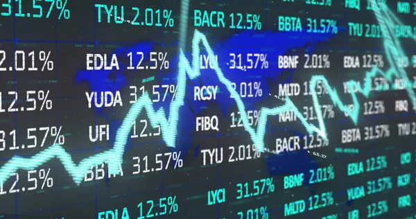 Image of stock market with graph over world map on black background. Global business, finances and digital interface concept digitally generated image.