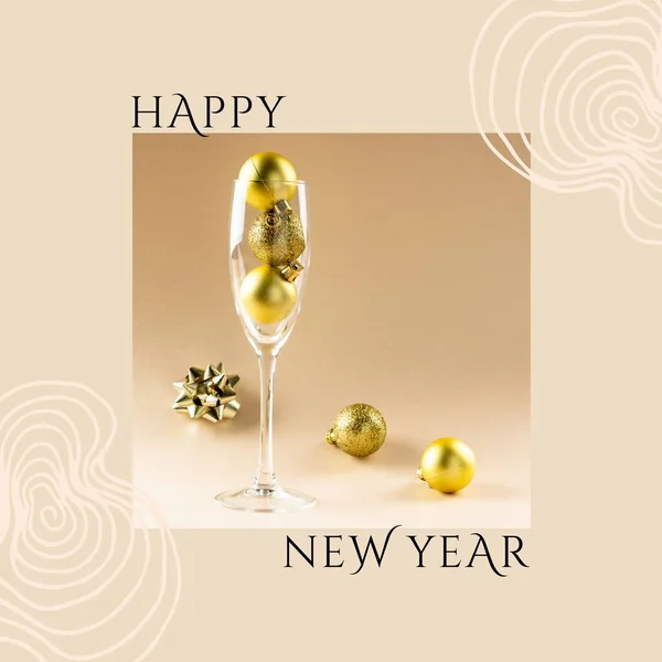 Square Image Happy New Year Glass Champagne Beige Background New — Stock Photo, Image