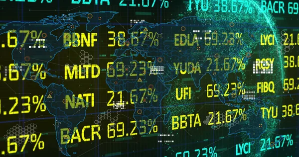Obrázek Akciového Trhu Mapě Světa Zeměkouli Černém Pozadí Globální Finance — Stock fotografie