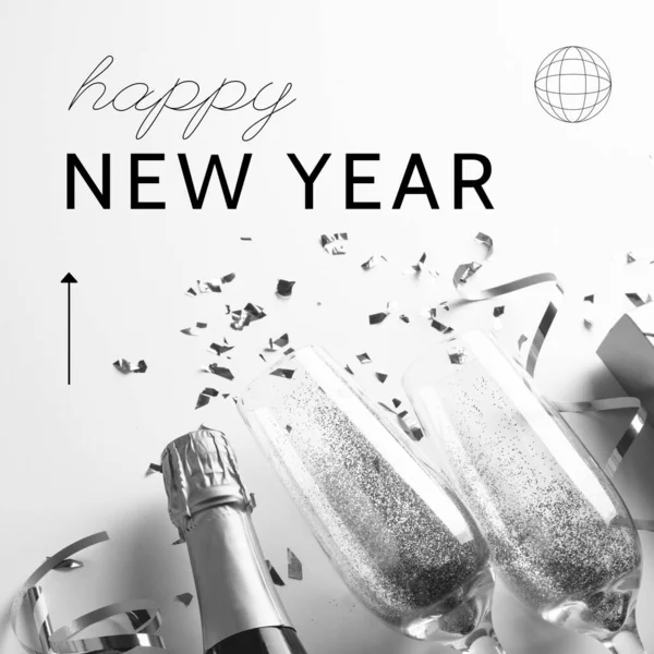 Square Image Happy New Year Black White Photo Champagne Confetti — Stock Photo, Image