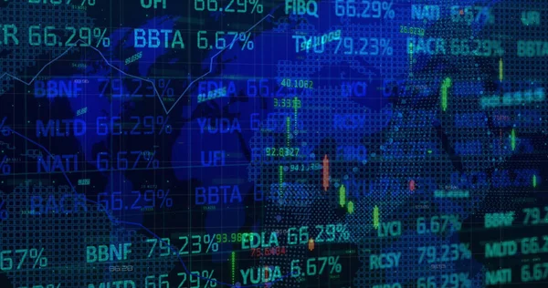 Image Financial Data Processing Stock Market World Map Blue Background — Stock Photo, Image