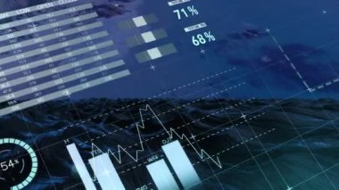 Manzara üzerinde finansal veri işleme animasyonu. Küresel iş, finans ve dijital arayüz kavramı dijital olarak oluşturulmuş video.
