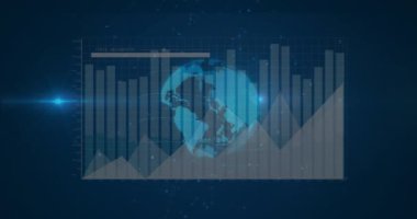 Veri işleme animasyonunun siyah arka planda dünya üzerinde gerçekleşmesi. küresel teknoloji, bilgisayar ve dijital arayüz kavramı dijital olarak oluşturulmuş video.