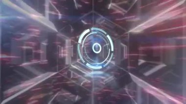 Altıgen tüneldeki dairelerin, noktaların, kırmızı ışıklı arka plandaki yıldızların animasyonu. Dijital olarak üretilmiş, hologram, illüstrasyon, fütürist, ışıklar ve teknoloji konsepti.