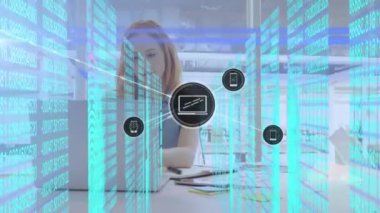 Animation of network of connections over caucasian businesswoman in office. Global business and digital interface concept digitally generated video.