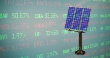 Çok renkli ticaret kurulu ve güneş panelinin animasyonu. Dijital bileşik, çoklu maruz kalma, borsa, yatırım, güneş enerjisi, elektrik, yeşil teknoloji ve sürdürülebilirlik kavramı.