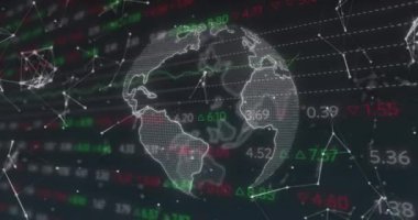 Veri işleme animasyonunun siyah arka planda dünya üzerinde gerçekleşmesi. küresel teknoloji, bilgisayar ve dijital arayüz kavramı dijital olarak oluşturulmuş video.
