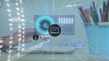 Tablet kullanan melez kadın üzerinden bağlantı ağının animasyonu. Küresel iş ve dijital arayüz kavramı dijital olarak oluşturulmuş video.
