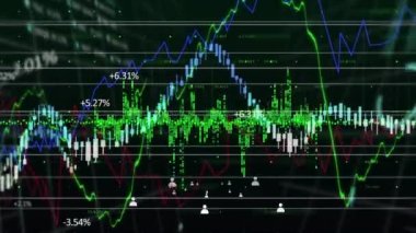 Siyah arkaplanda grafik ile veri işleme animasyonu. Küresel teknoloji, bilgisayar ve dijital arayüz kavramı dijital olarak oluşturulmuş video.