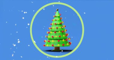 Yıldızların ve Noel ağacının mavi arka planda daireler çizmesi. Noel, kış ve kutlama konsepti dijital olarak oluşturulmuş video.