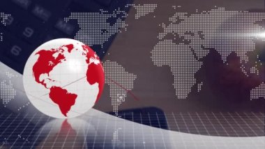 Hesap makinesi, akıllı telefon ve elma üzerindeki dünya haritasının animasyonu. Küresel teknoloji ve dijital arayüz konsepti dijital olarak oluşturulmuş video.