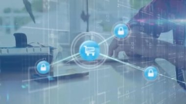 Animation of network of connections over caucasian businessman in office. Global business and digital interface concept digitally generated video.