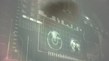 Dünya, grafik, harita ve radarın H harfi üzerindeki bilgi arayüzü animasyonu. Dijital bileşik, çoklu pozlama, oyuncak, rapor, finans, küreselleşme, iş ve teknoloji kavramı.