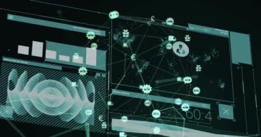 Animation of icons over data processing. Global business and digital interface concept digitally generated video.
