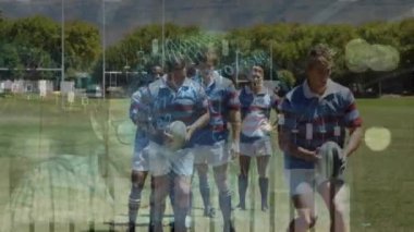 Çeşitli Rygby oyuncuları üzerinde veri işleme ve küre animasyonları. Spor ve dijital arayüz konsepti dijital olarak oluşturulmuş video.