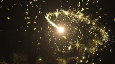 Konfeti animasyonu ve kayan yıldızın siyah arka planda altın mücevher üzerinde kayması. Noel, kış, gelenek ve yeni yıl konsepti dijital olarak oluşturulmuş video.