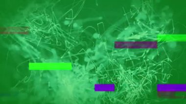 Yeşil arkaplandaki ışık izlerinin üzerindeki parazitin canlandırması. Küresel teknoloji, bağlantılar ve dijital arayüz konsepti dijital olarak oluşturulmuş video.