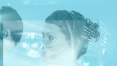 Animation of data processing over diverse business people using phone headsets. Global business, computing and digital interface concept digitally generated video.