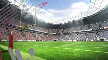 Stadyumun üzerinde finansal veri işleme ve yarasaların animasyonu. Küresel spor ve dijital arayüz kavramı dijital olarak oluşturulmuş video.